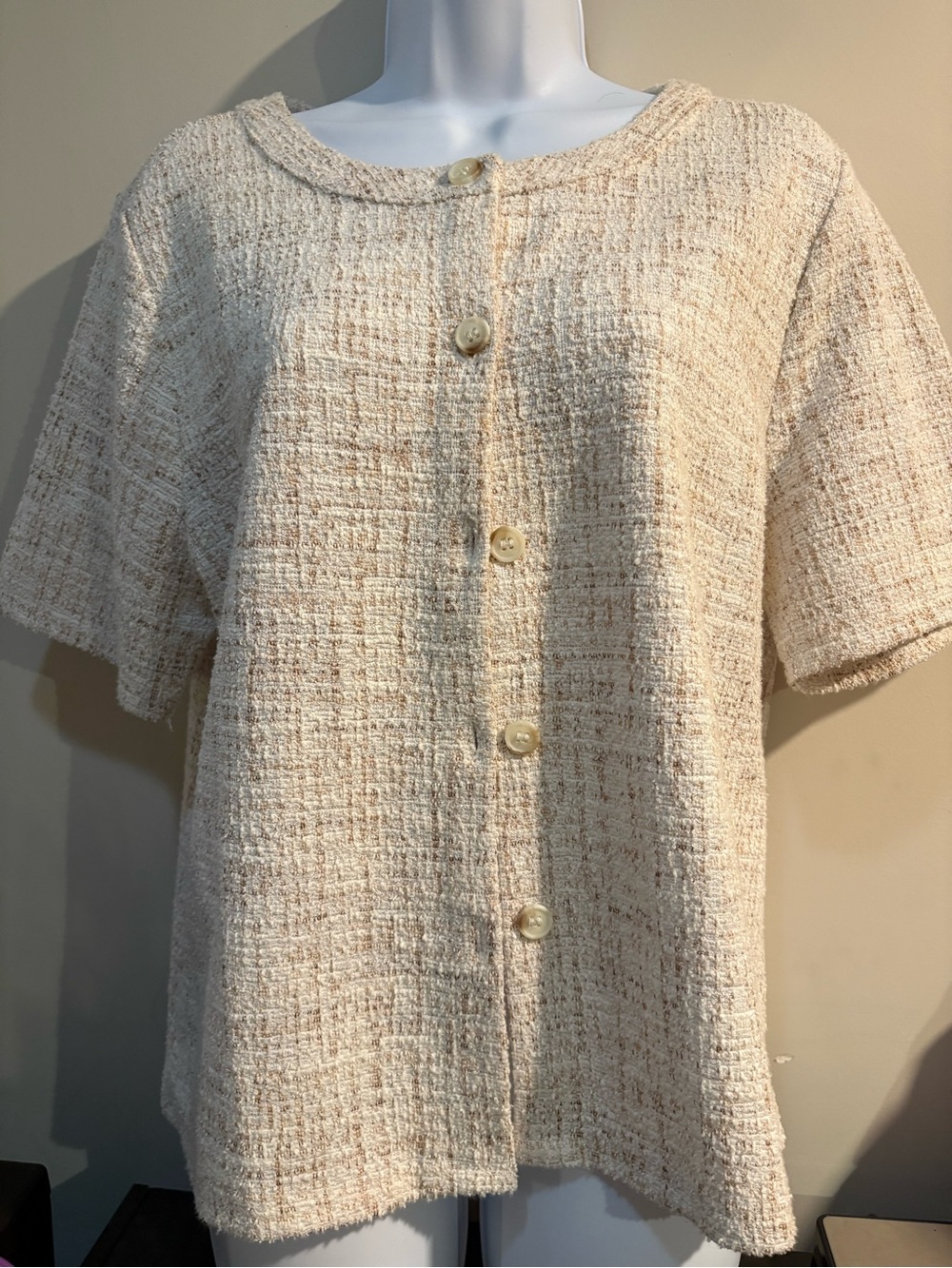 LOFT Cream Bouclé Button-Front Short Sleeve Top